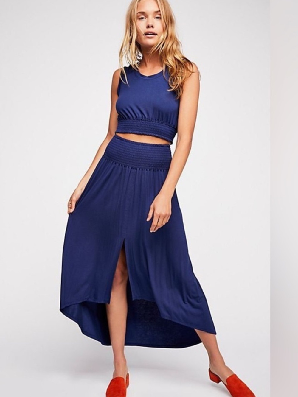 Free People Navy Smocked High-Low Skirt with Front Slit